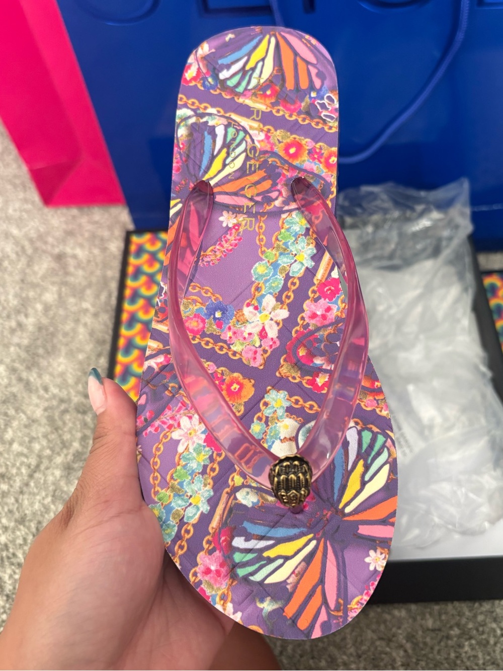 Kurt Geiger Kensington Q Flip Flops Lilac Butterfly US 7 Fits 6 NIB